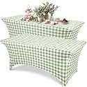 Moukeren 2 Pcs Sage Green Stretch Tablecloth 6ft Green Gingham Tablecloth