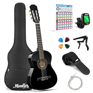 moukey 3034 acoustic guitar for beginner kid boy girl 14 junior size nylon string classical guitarra acustica with chord poster gig bag tuner picks nylon strings capo cloth strap - black