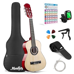moukey 3034 acoustic guitar for beginners kids youth 14 size dreadnought guitarra acustica kit with chord poster gig bag tuner picks nylon strings capo strap - natural