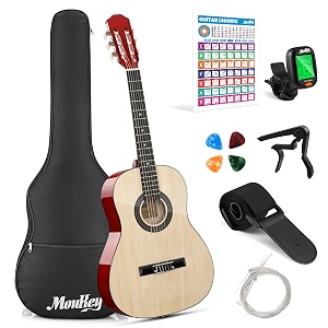 moukey 3634 acoustic guitar 34 junior classical guitarra acustica for beginner youth teen adult with chord poster gig bag tuner picks nylon strings capo strap - natural