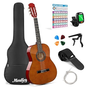 moukey 3634 acoustic guitar 34 junior classical guitarra acustica for beginner youth teen adult with chord poster gig bag tuner picks nylon strings capo strap - brown