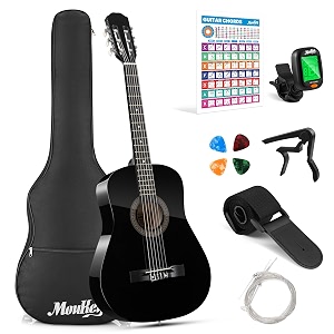 moukey 3834 acoustic guitar for beginners kids youth adult dreadnought guitarra acustica kit with chord poster gig bag tuner picks nylon strings capo strap - black