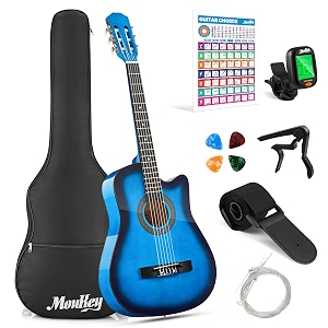 moukey 3834 acoustic guitar for beginners kids youth adult cutaway guitarra acustica kit with chord poster gig bag tuner picks nylon strings capo strap - blue