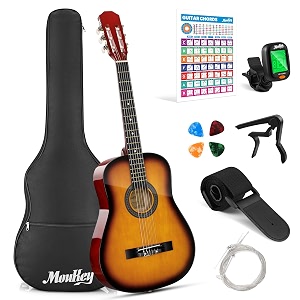moukey 38in acoustic guitar for beginner kid adult teen guitarra acustica with chord poster gig bag tuner picks nylon strings capo cloth strap - sunset