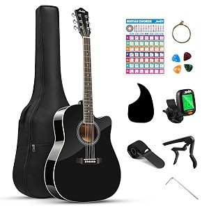moukey 4134 acoustic guitar for beginner adult teen full size guitarra acustica with chord poster gig bag tuner picks nylon strings capo cloth strap right hand - black