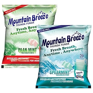 mountain breeze oral hygiene mouth freshener sugar free paanmint 7 strips per cassatte and spearmint18 strips per cassatte flavoured breath strips -pack of 232 cassette