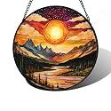 Mountain Sunset River Stained Glass Window Hanging Suncatcher Gifts 15"