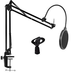 adjustable mic stand with pop filter amp mic holder heavy-duty boom arm for studio podcasting streaming amp gaming  360 rotation sturdy clamp noise reduction for clear audio s11