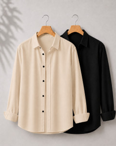 mozero Men Solid Casual Beige Black Shirt