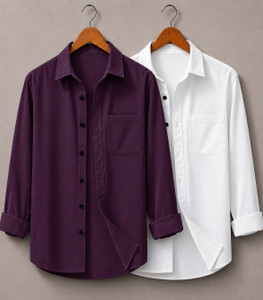 mozero Men Solid Casual Purple White Shirt