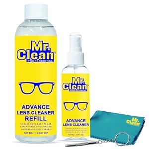 mr clean combo lens cleaner 500ml refill  100ml with microfiber cloth amp screwdriver  streak-free cleaner for eyeglasses sunglasses camera lenses amp screens  removes fingerprints dust amp oil