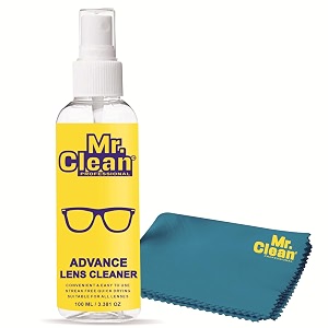 mr clean lens cleaner 100ml with 1 microfiber cloth streak-free glass cleaner for eyeglasses sunglasses camera lenses screens and binoculars  safely cleans fingerprints dust amp oil