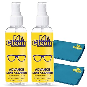 mr clean lens cleaner 100ml pack of 2 with 2 microfiber cloth  streak-free glass cleaner for eyeglasses sunglasses camera lenses screens and binoculars  safely cleans fingerprints dust amp oil