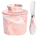 MSJGA Ceramic Butter Crock with Lid &amp; Spreader Knife, Butter Keeper - Ideal Butter Storage &amp; Countertop Butter Dish (Marble Pink with Marble Pink Knife, M)
