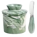 MSJGA Ceramic Butter Crock with Lid &amp; Spreader Knife, Butter Keeper - Ideal Butter Storage &amp; Countertop Butter Dish (Marble Green with Marble Green Knife, M)
