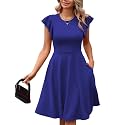 MSLG Women's Fit and Flare Ruffle Short Sleeves Dresses Work V-Back Cocktail Semi Formal A Line Dress with Pockets 842