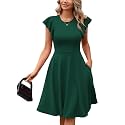 MSLG Women's Fit and Flare Ruffle Short Sleeves Dresses Work V-Back Cocktail Semi Formal A Line Dress with Pockets 842