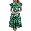 MSLG Women's Fit and Flare Ruffle Short Sleeves Dresses Work V-Back Cocktail Semi Formal A Line Dress with Pockets 842