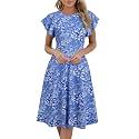MSLG Women's Fit and Flare Ruffle Short Sleeves Dresses Work V-Back Cocktail Semi Formal A Line Dress with Pockets 842