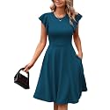 MSLG Women's Fit and Flare Ruffle Short Sleeves Dresses Work V-Back Cocktail Semi Formal A Line Dress with Pockets 842