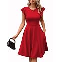 MSLG Women's Fit and Flare Ruffle Short Sleeves Dresses Work V-Back Cocktail Semi Formal A Line Dress with Pockets 842