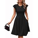 MSLG Women's Fit and Flare Ruffle Short Sleeves Dresses Work V-Back Cocktail Semi Formal A Line Dress with Pockets 842