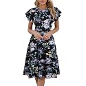 MSLG Women's Fit and Flare Ruffle Short Sleeves Dresses Work V-Back Cocktail Semi Formal A Line Dress with Pockets 842