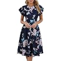 MSLG Women's Fit and Flare Ruffle Short Sleeves Dresses Work V-Back Cocktail Semi Formal A Line Dress with Pockets 842