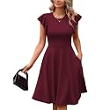 MSLG Women's Fit and Flare Ruffle Short Sleeves Dresses Work V-Back Cocktail Semi Formal A Line Dress with Pockets 842