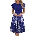 MSLG Women's Fit and Flare Ruffle Short Sleeves Dresses Work V-Back Cocktail Semi Formal A Line Dress with Pockets 842