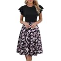 MSLG Women's Fit and Flare Ruffle Short Sleeves Dresses Work V-Back Cocktail Semi Formal A Line Dress with Pockets 842
