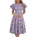 MSLG Women's Fit and Flare Ruffle Short Sleeves Dresses Work V-Back Cocktail Semi Formal A Line Dress with Pockets 842