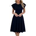 MSLG Women's Fit and Flare Ruffle Short Sleeves Dresses Work V-Back Cocktail Semi Formal A Line Dress with Pockets 842