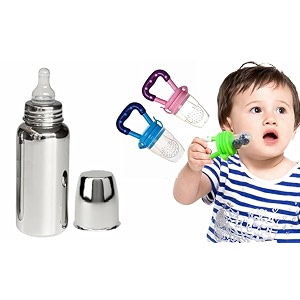 msti baby feeding combo  premium 304 stainless steel baby bottle 240ml  silicone teether pacifier amp fresh fruit nibbler  leak-proof bpa-free feeding set for infants amp toddlers