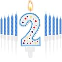 MTLEE Blue Number 2 Birthday Candle with 10 Long Thin Cupcake Candle Happy Birthday Cake Topper Boy Girl for Cakes Sweet Dots Party