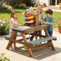 Mud Kitchen for Kids Outdoor, Wooden Play Table with Hand Pump and Sink, Picnic Bench, Stainless Steel Cookware & Bucket, Backyard Sensory Play Kitchen for Toddlers Age 3+