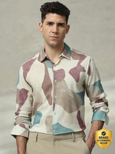 MUFTI Men Printed Casual Cream Shirt