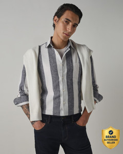 MUFTI Men Striped Casual Dark Blue Shirt