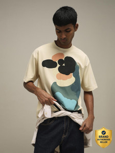 MUFTI Printed Men Crew Neck Beige T-Shirt