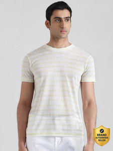 MUFTI Striped Men Round Neck Yellow T-Shirt