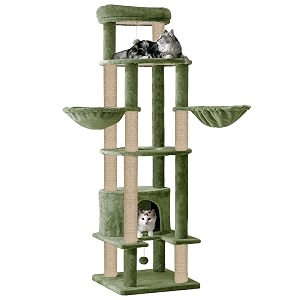 multi-level cat tree tower 64-inch tall with scratching posts hammocks and condo grey furr-88 - green