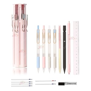 multifunctional portable pencil case with 4 pen push-pull stationery box set ruler pencil eraser pen case - multicolor 6in1 pen case