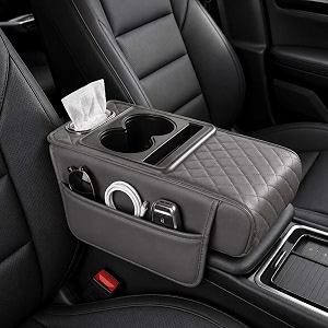 multifunctional pu leather car armrest box mat 5-in-1 center console cover with cup holder with 2 storage bags tissue box slot phone slot for universal most carsvelcro design gray