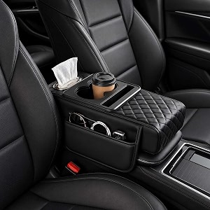 multifunctional pu leather car armrest box mat 5-in-1 center console cover with cup holder with 2 storage bags tissue box slot phone slot for universal most carsvelcro design blacka
