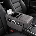 Multifunctional PU Leather Car Armrest Box Mat, 5-in-1 Center Console Cover with Cup Holder with 2 Storage Bags, Tissue Box Slot, Phone Slot for Universal Most Cars,Velcro Design (Gray)