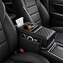 Multifunctional PU Leather Car Armrest Box Mat, 5-in-1 Center Console Cover with Cup Holder with 2 Storage Bags, Tissue Box Slot, Phone Slot for Universal Most Cars,Velcro Design (Black*A)