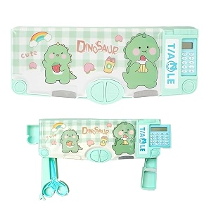 multifunctional school pencil box with calculator cute cartoon stationary compass for boys geometry kids with inbuilt scissor ruler eraserampsharpener box best gift green dinosaour-calculator