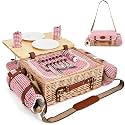 Multifunctional Wicker Picnic Basket Set for 2 with Blanket and Picnic Table, Insulated Picnic Set with Full Tablewares for Camping Outdoor Couples, Gingham