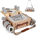 Multifunctional Wicker Picnic Basket Set for 4 with Blanket and Picnic Table, Insulated Picnic Set with Full Tablewares for Camping Outdoor Couples, Stripes