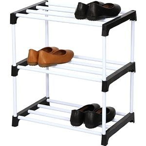 pulgos shoe rack with shelf  shoe stand for 12 pairs  4-layer chappal amp slipper stand for home  black portable foldable footwear rack  plastic shoe organizer for home
